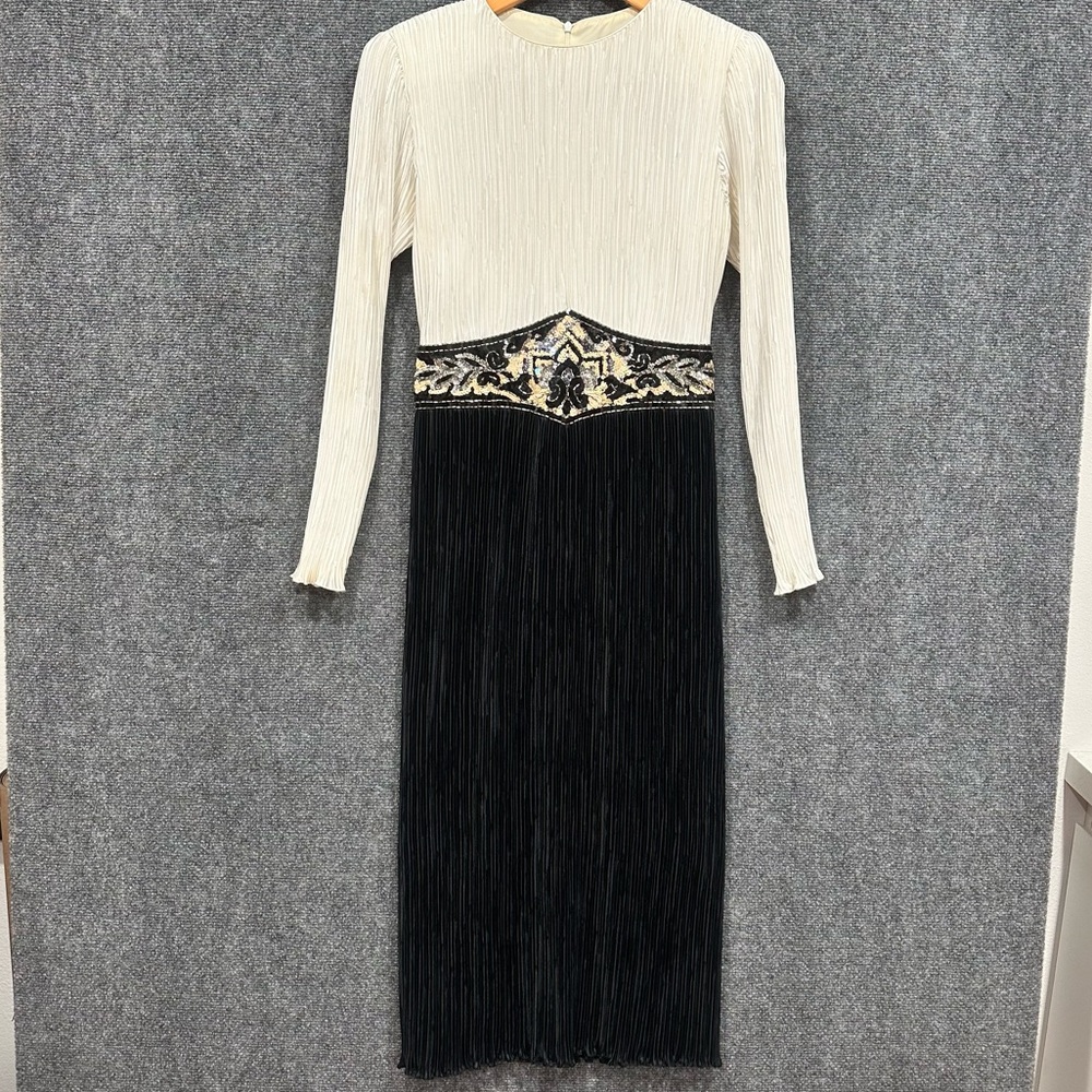 Vintage Nuit XS formal maxi cocktail dress plisse pleats sequin belt long sleeve